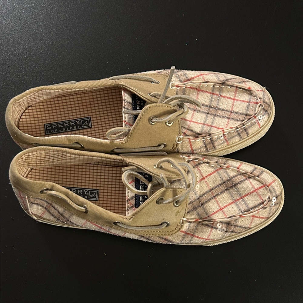 Sperry Women’s Beige and Red Plaid Boat Shoes